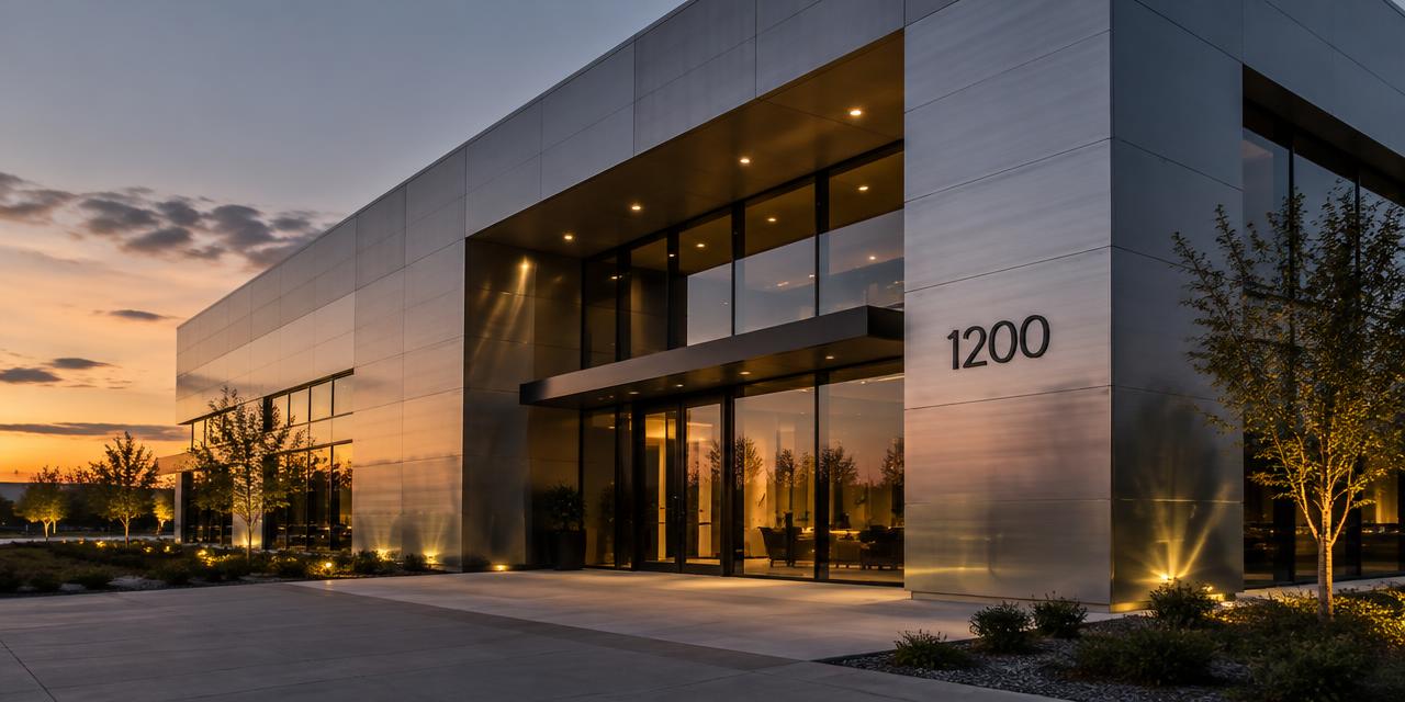 Commercial building exterior with brushed metal cladding panels at dusk