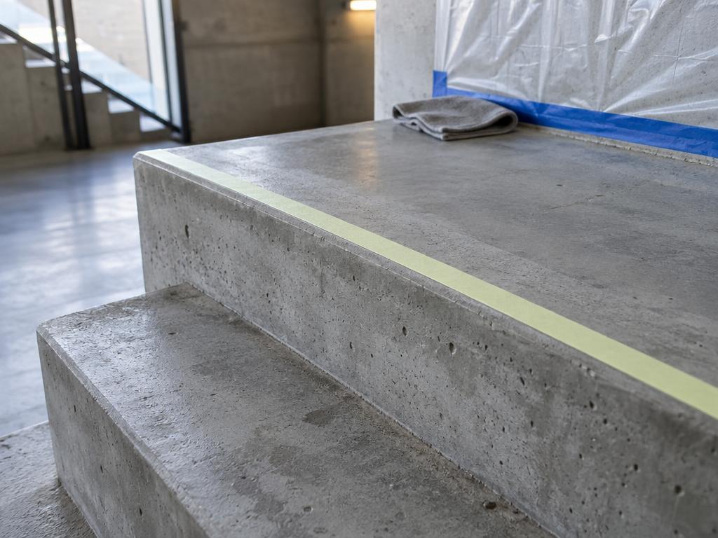Workers construction cleaning a concrete stairwell landing and handrails