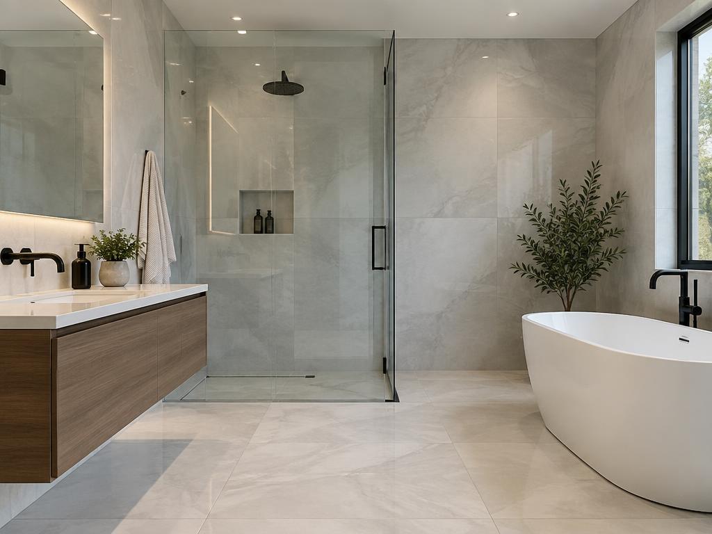Large-format porcelain tile installation with clean grout lines